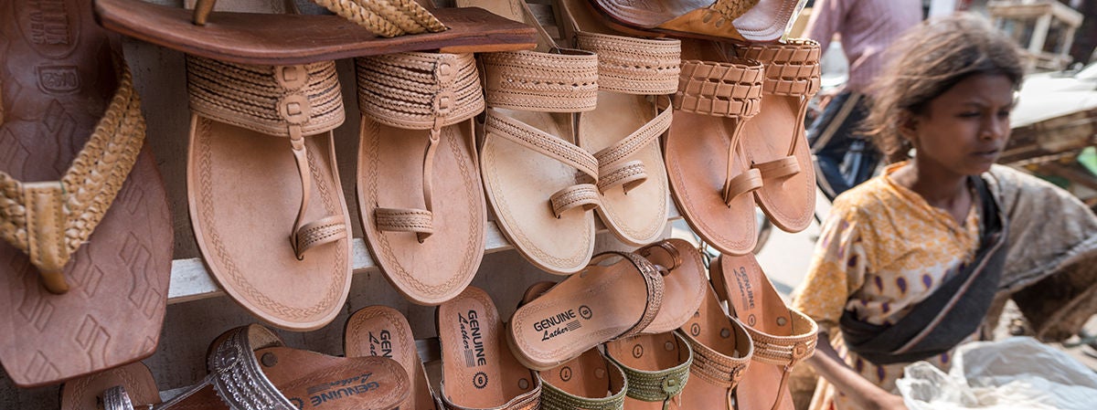 Photograph of some of the shoes Jatin (13) and his family make in Agra. Jatin’s mother and younger siblings also help when they can. 