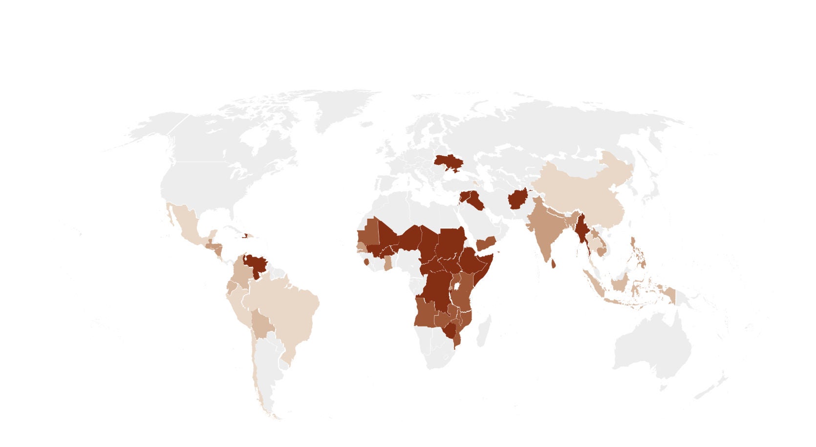 In 2024, World Vision Canada had programs in 59 countries. In this map, their level of fragility is represented from most fragile (darkest red) to high developing (lightest red). 