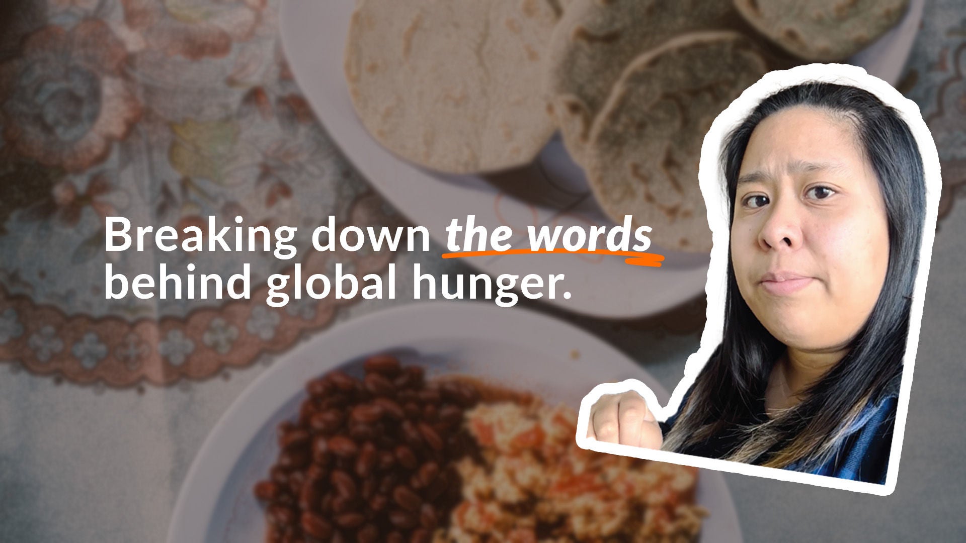 Plates of food with a lady's face and the words 'Breaking down the words behind global hunger.