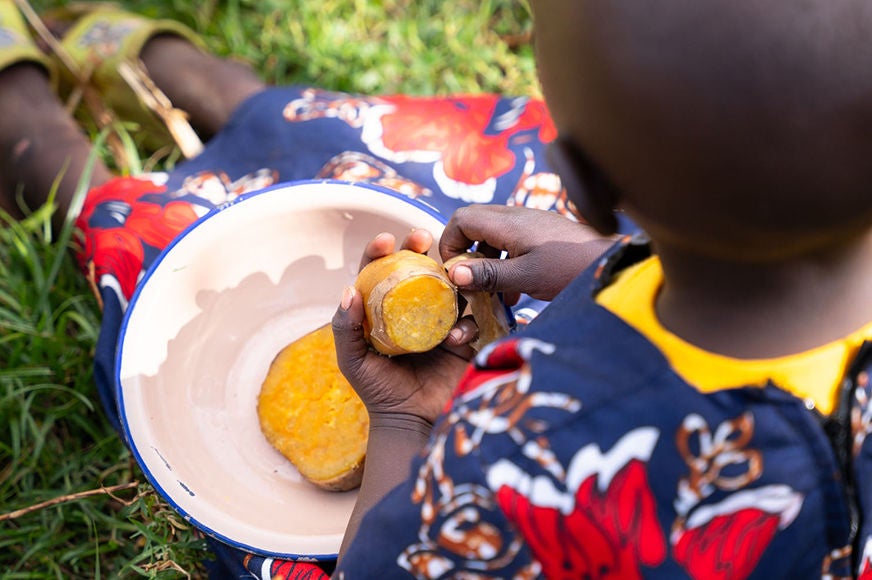 A child holds a sweet potato.