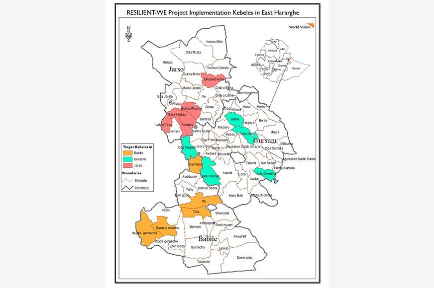 RESILIENT-WE Project Implementation Kebeles in East Haraghe Map.