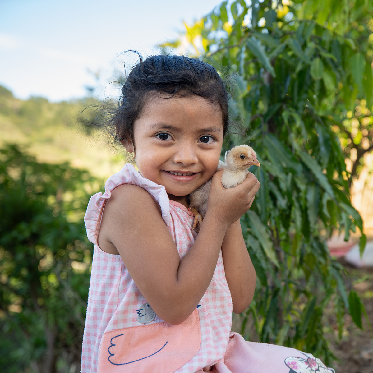 A smiling little girl in a pink outfit holds up a baby chick to her cheek.