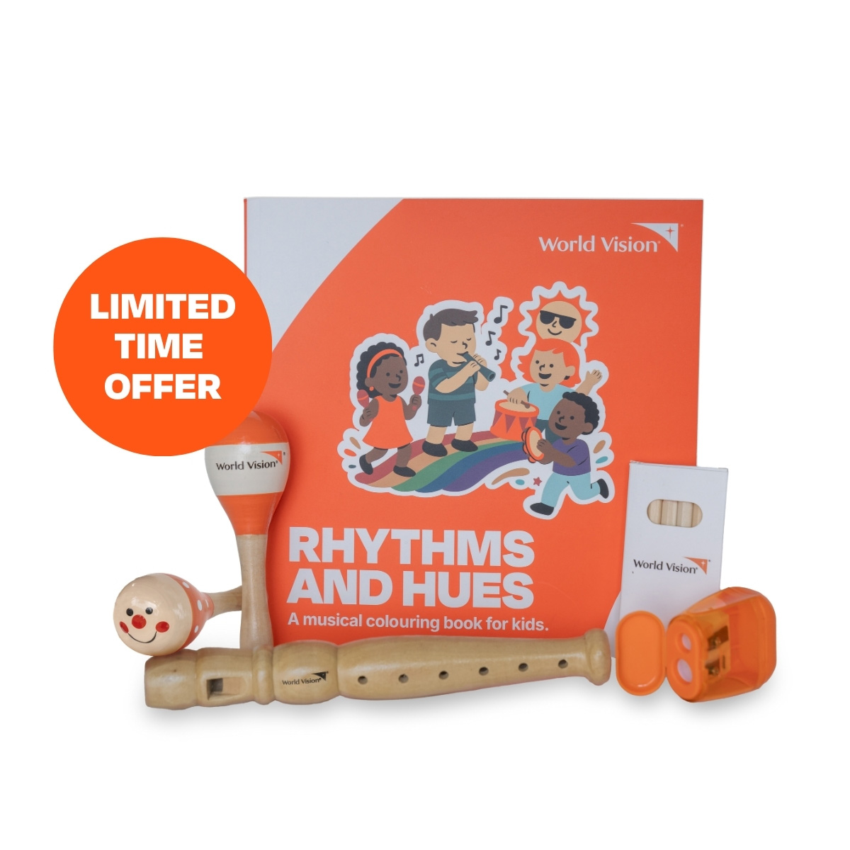 Rhythms and Hues musical colouring book for kids with percussion instruments and World Vision logo.