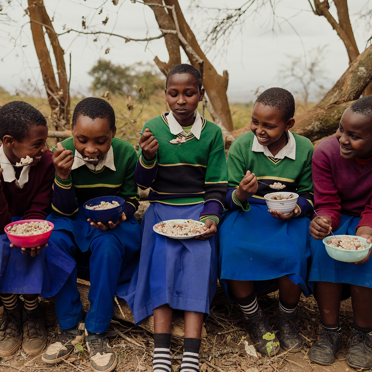 Five children wearing school uniforms sit on a log eating their lunch in bowls, while talking to each other.